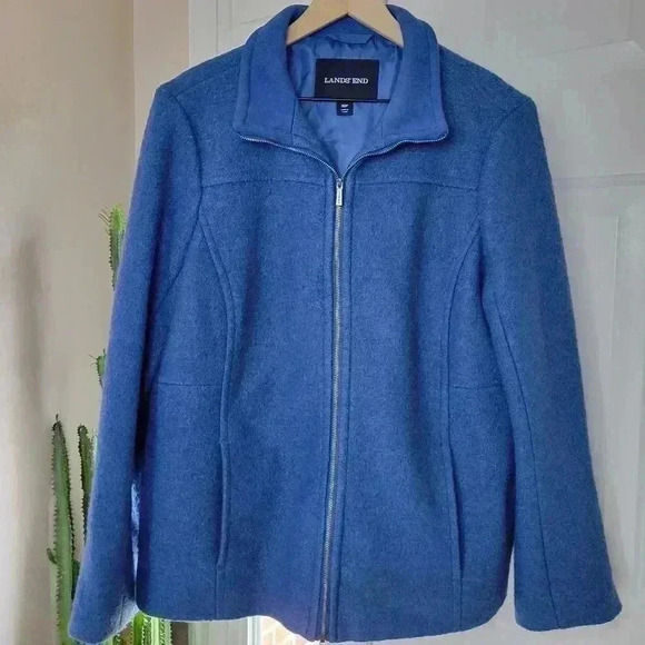 Lands' End Blue Wool Zip Up Collared Coat, Size 16p - Picture 1 of 10